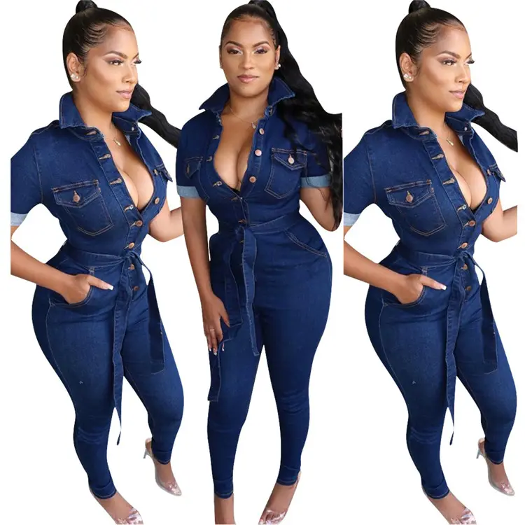 Combinaison en jean bleu sans bretelles pour femme, chemise en jean pour femme, design à simple boutonnage