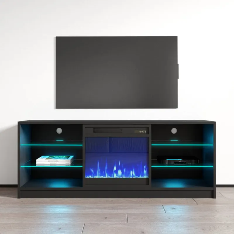 Living room furniture modern luxury 65 75 inch electric led light fireplace tv stand cabinet with fire