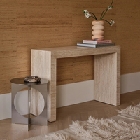 Meubles KUMUSI, table console en marbre travertin beige naturel pour salon, tables consoles de luxe