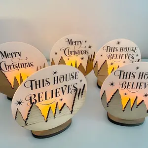 Dekorasi rumah adegan Musim Dingin 3D Natal cahaya Led Tealight akrilik Natal berbasis kayu kustomisasi personalisasi