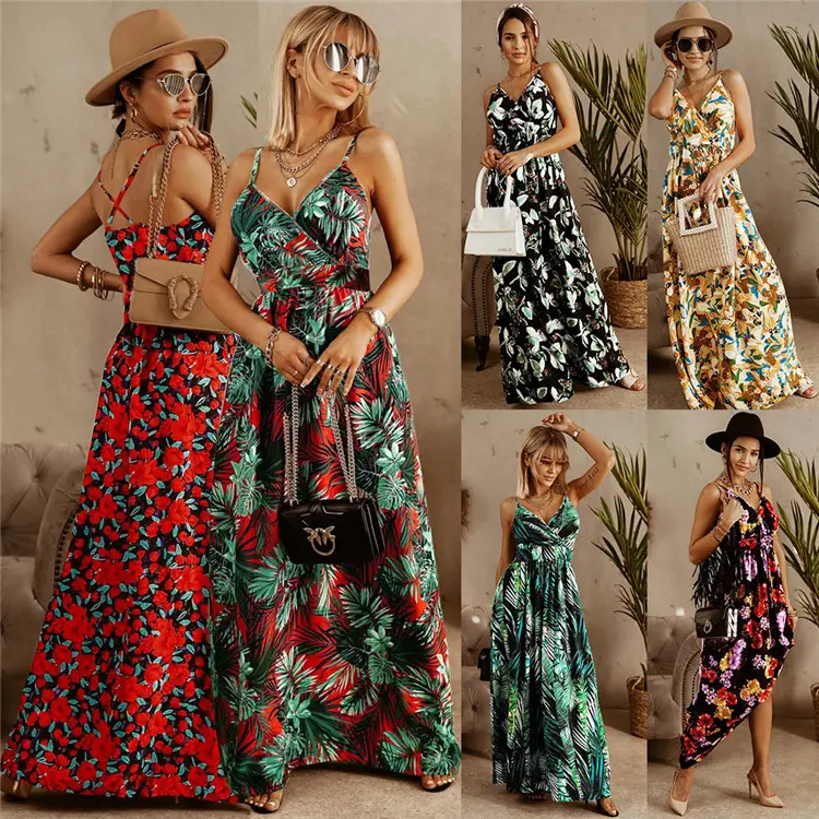 Wholesale New Style Sling V-neck Floor Length Sleeveless Floral Printed Beach Long Dresses For Women Summer 2022