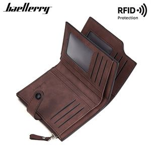 Baellerry Men's Short <b>Wallet</b> Dark Brown <b>RFID</b> Protection Multi-Card Slot Zipper <b>Wallet</b> For Everyday Use - Product Image 4