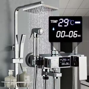 Ensemble de douche en laiton chromé poli <span class=keywords><strong>avec</strong></span> affichage numérique, robinets thermostatiques multifonctionnels, système de douche à effet pluie constant pour hôtels - Product Image 2