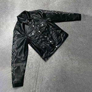 Tùy Chỉnh Nhà Sản Xuất Logo Thêu Trang Phục Người Đàn Ông Nút Lên Áo Khoác Da Và PU Xếp Chồng Lên Nhau Flare Quần Set Tracksuit Cho Nam Giới - Product Image 3
