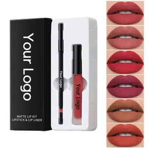 Grosir Set Kit Lip Gloss Tahan Air Kustom Hadiah Makeup Lip Liner dengan Lipstick Cair Matte
