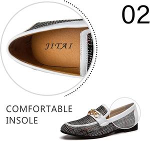 Chaussures Oxford pour hommes VILUNENES en cuir véritable blanc à motif écossais, lacets, chaîne dorée décorative, chaussures de bureau, carrière, automne, détails contrastés - Product Image 4