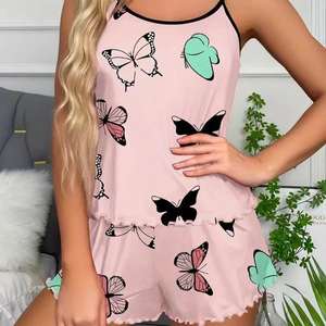 Nouvel ensemble de vêtements de nuit pour femmes, comprenant un débardeur en tissu tissé imprimé papillon et un short à taille élastique avec logo sur le devant - Product Image 5
