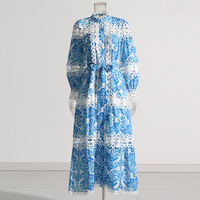Style bohème 2023 automne Style rétro nouveau produit col montant lanterne manches taille longue robe imprimée
