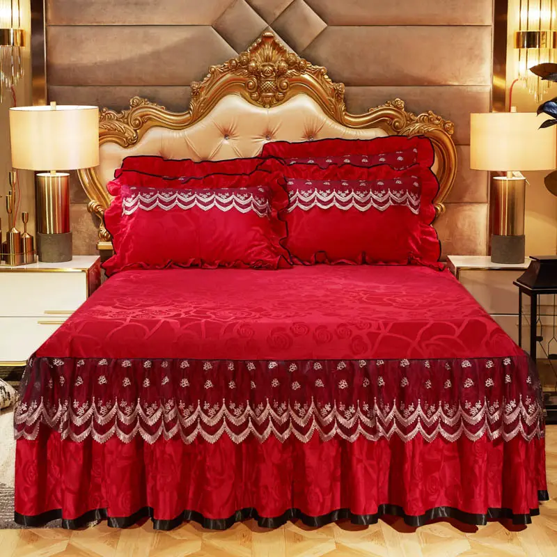 Conjunto de cama nova iorque, conjunto de cama de luxo com renda macia e de quatro peças, saia romântica de luxo para cama