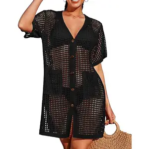 Summer Swimsuit Cover Up Women Button Down Crochet Beach Side Split Cardigan Knitted Dress