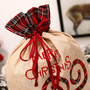 Ready to Ship Reusable Plaid Trim Embroidered Burlap Christmas Sack Drawstring Design for <b>Xmas</b> Gift Packaging - Product Image 4
