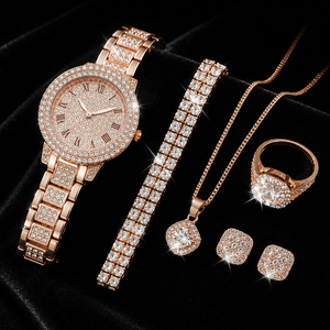 Nouvelle montre tendance pour femme, ensemble de bijoux or, argent, or rose, strass scintillants, collier, bracelet, bagues, boucles d'oreilles, cadeau hip-hop - Product Image 3
