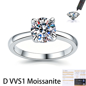 S925 Sterling Silver D VVS1 1CT Moissanite <b>Ring</b> Four Prong <b>Plain</b> Smooth Shank Solitaire Engagement <b>Ring</b> With GRA Certificate - Product Image 1