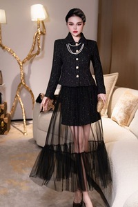 Mode perle bouton Tweed costume femmes pure maille Maxi jupe formelle Banquet <span class=keywords><strong>mariage</strong></span> invité tenue 2025 - Product Image 3