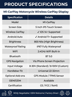 Caméra de tableau de bord pour moto M1-CarPlay avec écran tactile IPS de 5 pouces, navigation GPS intégrée, affichage du compteur de vitesse CarPlay