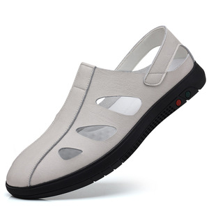 Men's Soft Leather Hollow-Out Sandals <b>Slip</b>-On Breathable Casual Shoes Black White Adult Size 40-45 - Product Image 5