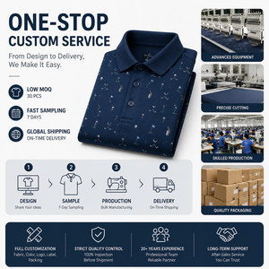 Custom Printed Golf Polo Shirts Men <b>Navy</b> Abstract Line Pattern Short Sleeve Private Label OEM ODM Manufacturer - Product Image 4