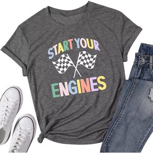 Camiseta de Carreras para Mujer, Diseño de Bandera a Cuadros, Manga Corta, Informal, Unisex, 100% Algodón, Tejido Suave - Product Image 1