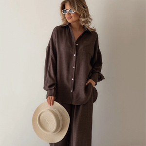 Enyami Casual 2 pezzi abiti da donna Casual set da salotto a maniche lunghe con bottone e camicetta pantaloni a gamba larga set tuta da ginnastica - Product Image 5