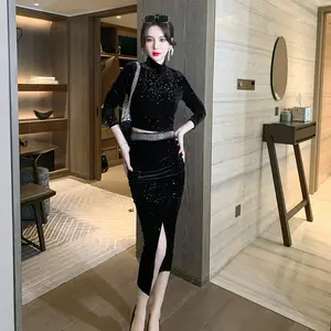 ZYHT 5340 2023 New Arrivals Clothes Sexy Outfits Black Velvet Tops Woman Sequin Skirt 2 Piece Winter Sets For Women