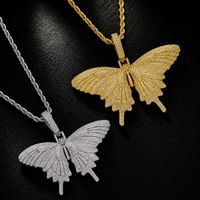 Ensemble de bijoux lourd et brillant avec pendentif papillon entièrement serti de zircone cubique, breloque animale style Hip Hop, accessoire de cou pour rappeurs, pour hommes et femmes