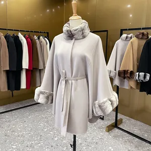 2023 High Quality Custom GCS Autumn <strong>Winter</strong> Ladies Wool Cashmere <strong>Cape</strong> <strong>Coat</strong> With Fur for Women - Product Image 5