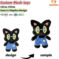Peluche personnalisée chat noir OEM ODM, jouet en peluche doux, poupée personnalisée personnage de dessin animé, peluche en salopette bleue, cadeau anti-stress