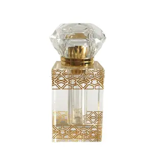 독특한 디자인 사각형 모양 투명 크리스탈 애타르 병 다이아몬드 캡이있는 유리 향수 오일 병 12ml