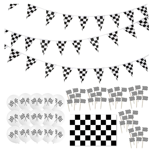 Triangle Pennant Checkered Flag Full Color Polyester Printing Black and White Motor Race Hanging String Bunting Checkered Flag