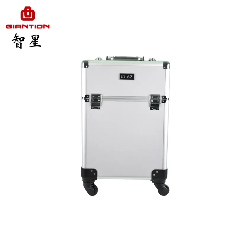 Aluminum cosmetics storage organizer trolley case rolling makeup case with 4 wheels and dividers