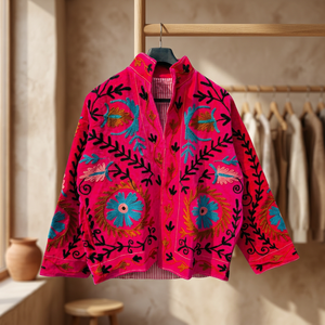 Manteau rose brodé à la main à motifs floraux, col mandarin, manches trois quarts, style bohème, grande taille, vêtements d'extérieur pour femmes, printemps, décontracté - Product Image 4