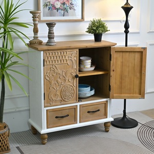 Kitchen Living Room <b>Rustic</b> Handmade Distressed 31.5" Accent Solid Wooden Flower Carved Door <b>Sideboard</b> Cabinet with 2 Drawers - Product Image 4