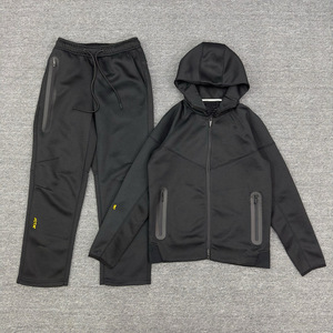 ビンテージ固形抗菌メンズ秋春コットンセットスポーツエアレイヤーフード付きジャケットスウェットパンツ2イン1デザイン弾性 - Product Image 1