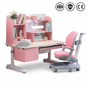 Bureau d'apprentissage pour enfants avec étagère, finition en bois massif, options rose et bleu, design moderne, chaise pour enfants pour chambre à coucher et salon - Product Image 1