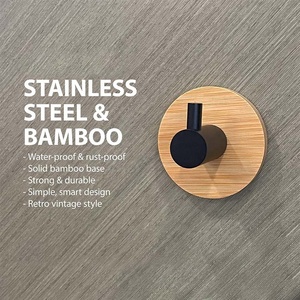 Decorative Heavy Duty Wall Coat <b>Hooks</b> With Wooden Bamboo Base Black Stainless Steel Self Adhesive Wall <b>Towel</b> <b>Hooks</b> - Product Image 1
