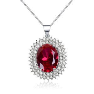 Collana con Pendente in Oro Bianco e Rubino, Taglio Ovale, Montatura a Griffe, Gioiello Classico da Donna con Catena a Maglia Quadrata per Matrimonio - Product Image 1