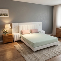 Cadre de lit rembourré moderne avec lampe de lecture LED et table de chevet, lit plateforme en tissu de luxe pour mobilier de chambre