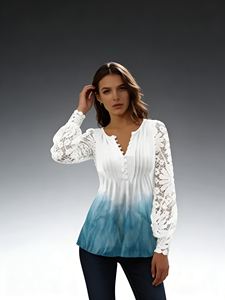 Oferta Especial en Blusa Elegante con Patrón Sólido y Mangas de Encaje Calado, Cuello en V, Abotonada, Camisa Casual para Damas, Primavera - Product Image 5