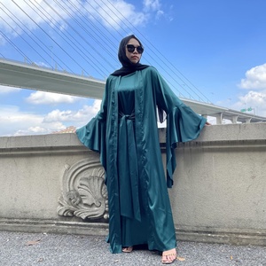 1925 #   Ensembles d'abayas en satin uni à manches longues avec ceinture et manches à volants, cardigan musulman islamique, costume abaya - Product Image 5