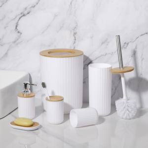 Eco-Friendly 6-Piece Modern Anti-bacterial Bathroom Storage <strong>Set</strong> <strong>Bamboo</strong> Toilet Brush Kit Vanity Cabinet Trash Can Toothbrush - Product Image 2