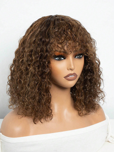 Perruque à boucles de luxe pour femmes <span class=keywords><strong>Cheveux</strong></span> humains Remy doublement étirés avec frange et perruque Fumi courte faite à la machine - Product Image 2