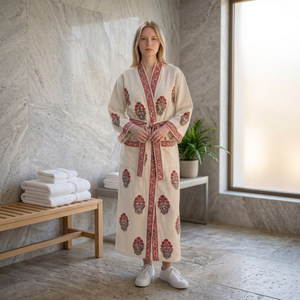 Robe de chambre gaufrée brodée florale pour femme, manches longues, col en V, longueur genou, 100 % coton doux, décontractée, pour l'été - Product Image 2