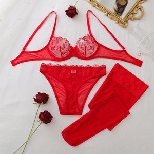 Conjunto de Lencería Sexy con Bordado Floral Francés, Transparente, con Sujetador Push-Up, Bragas y Medias, Ropa Interior Femenina - Product Image 6