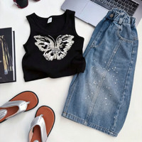 Vêtements d'été pour enfants, style streetwear, en promotion : ensemble 2 pièces décontracté pour adolescentes, veste imprimée + jean large