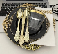 Ensemble de vaisselle jetable de luxe vintage en plastique noir avec bordure dorée en relief, sans BPA, pour fêtes et mariages, 175/350/700 pièces