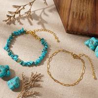 Bracelet de cheville et bracelet jonc en chaîne à maillons épais dorés, style bohème, avec perles de turquoise, pour femme, lot de 2 bijoux