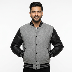 Customizable Breathable High Street Varsity Winter <b>Jacket</b> Stand Collar Front Green Body <b>White</b> Leather Sleeves for <b>Men</b> Adults - Product Image 1