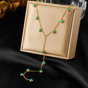 Y Shaped Tassel Necklace Round Turquoise Zinc Alloy Sweater Chain Bezel Setting Clavicle Chain - Product Image 1