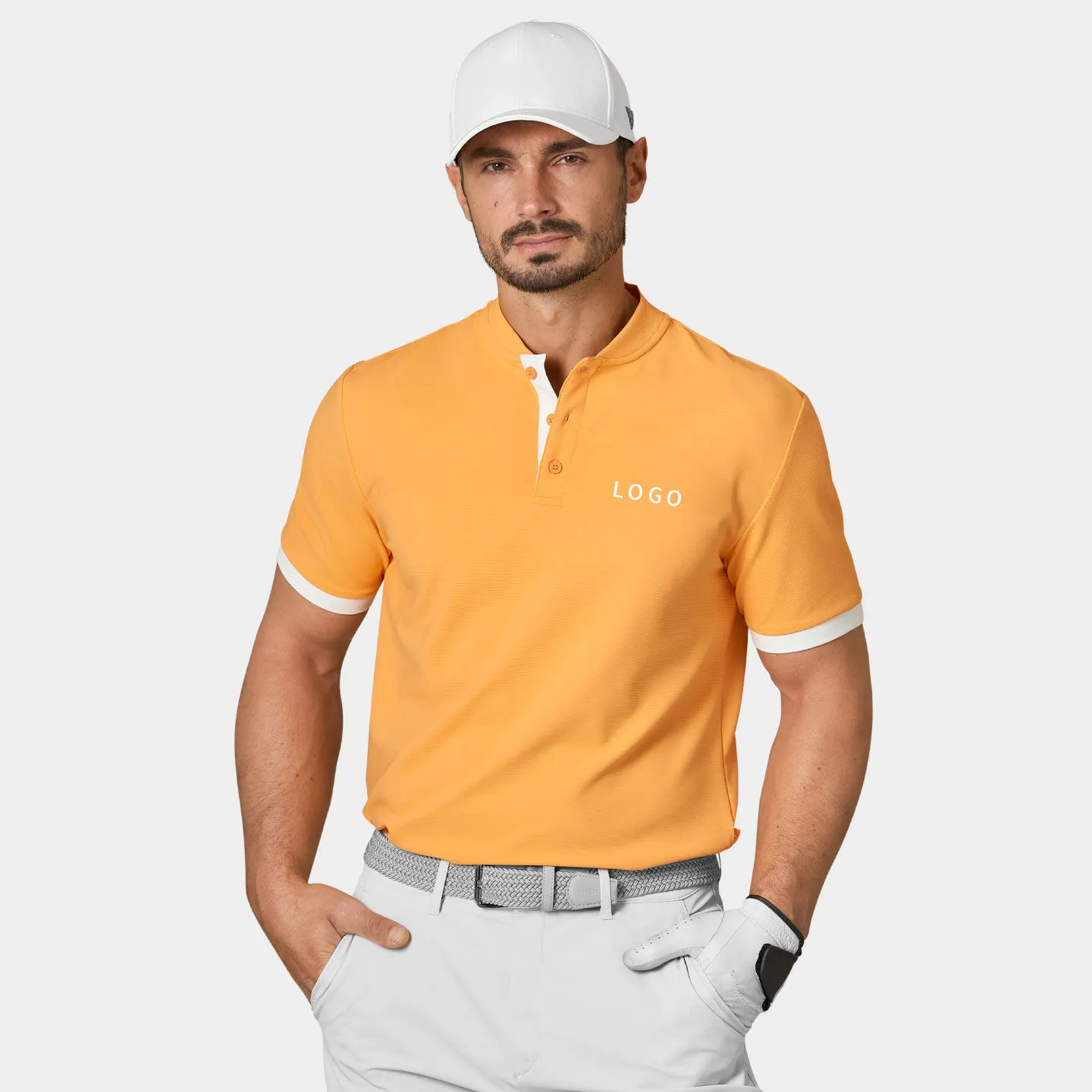 Custom logo embroidered polo golf shirt polyester spandex performance custom sublimation quick dry collarless golf shirt for men