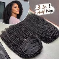 Perruque mi-tête bouclée crépue en cheveux humains, densité 250, avec cordon de serrage amélioré, sans couture, à porter 3 en 1 (sans colle, sans dentelle) pour femmes